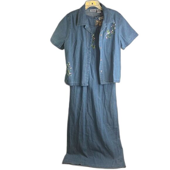 Blair 2 PC SET Vintage Embroidered Denim Maxi Dress with Denim Jacket Sz Medium - Picture 1 of 14